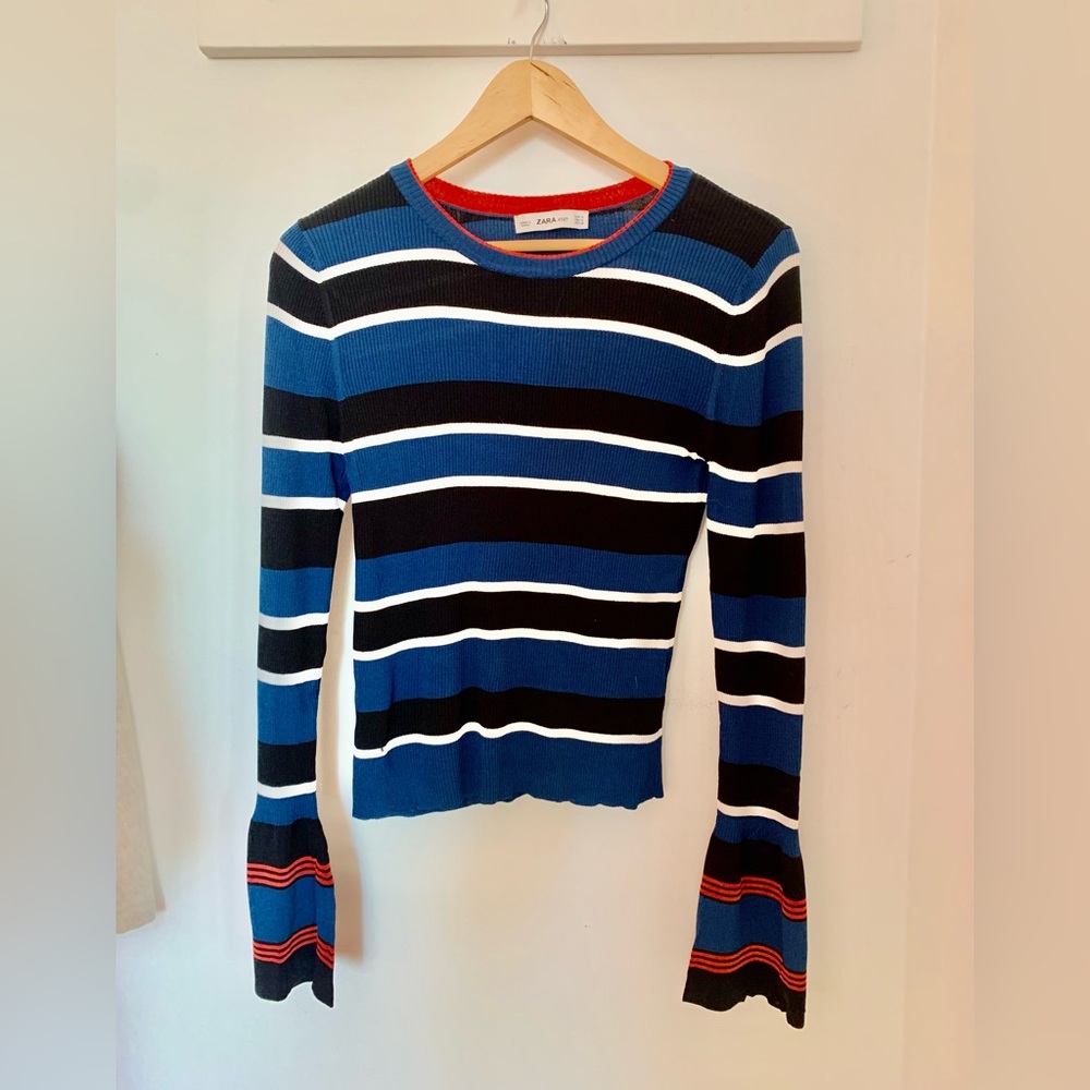 Zara Women's Blue and Black Striped Long Sleeve Top